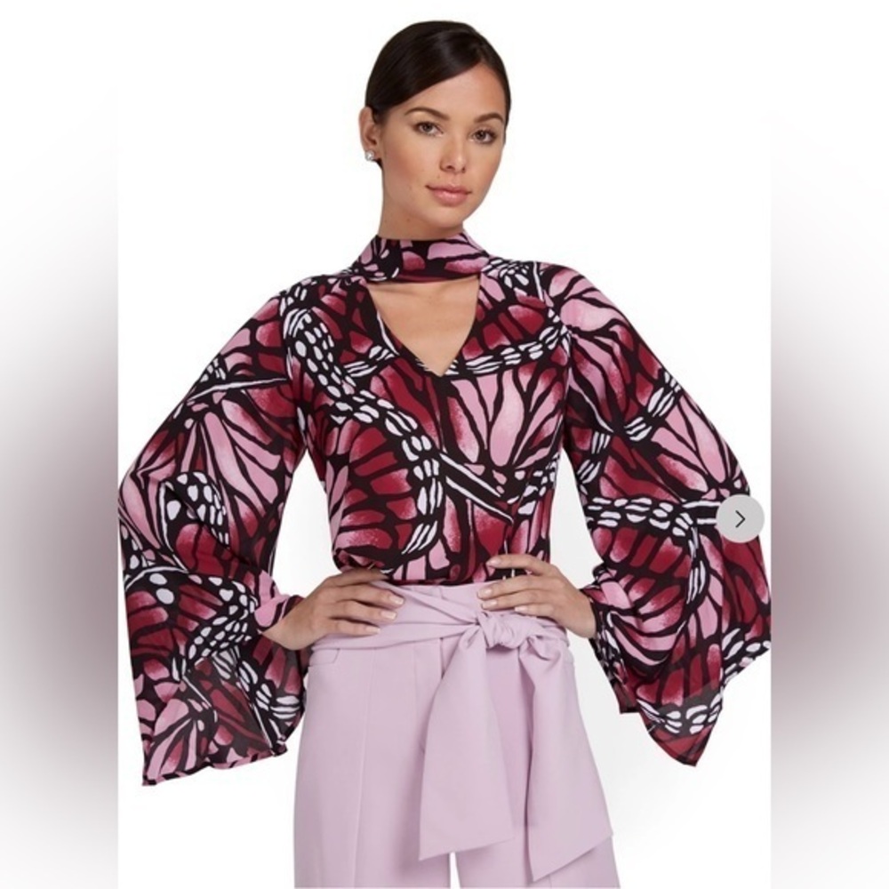 New York & Company Pink and Black Butterfly Bell Sleeve Blouse